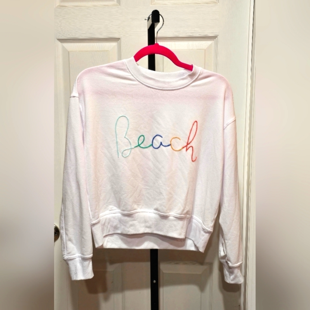 Workshop Republic Clothing White Beach Multicolor Text Graphic Sweatshirt